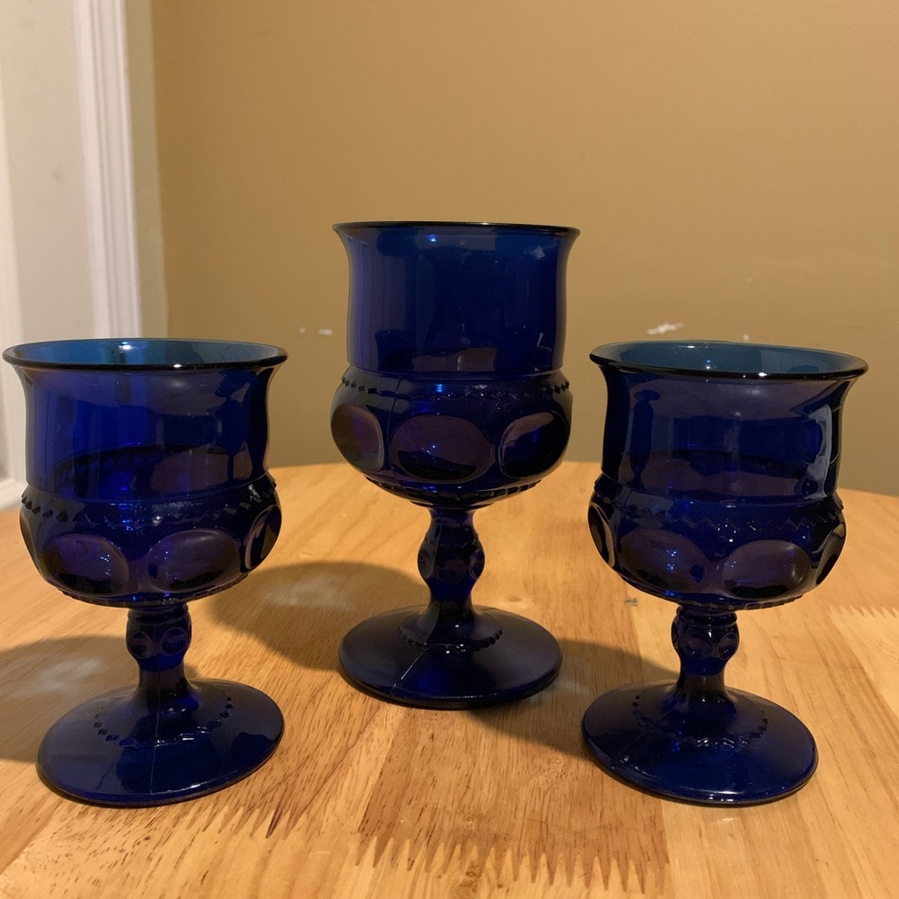 3 Vintage Cobalt Blue Indiana Glass Kings Crown Wine Goblets